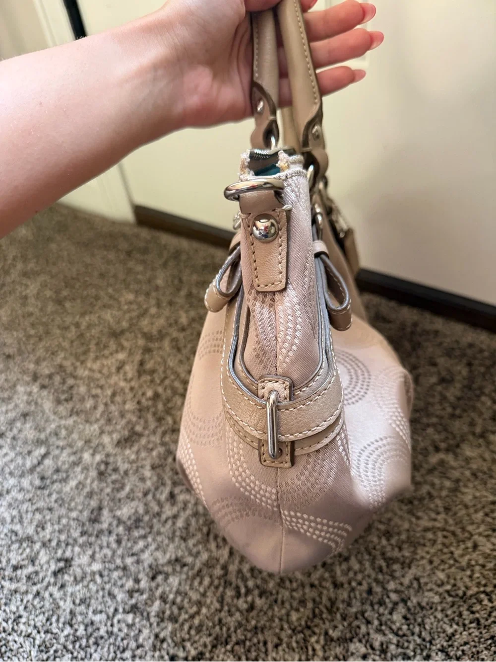 Coach Madison Op Art Sateen Satchel Beige Taupe Shoulder Bag